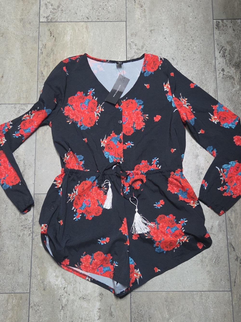 Choies Black Romper with Red Rose Floral Print